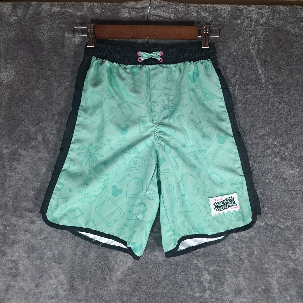 Disney Mickey Mouse Mint Green Doodle‎ Print Swim Trunks Kids Size 9/10 Beach